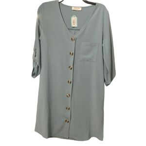 Zenana Tunic Dress Button Front Pocket 1/2 Length Sleeve Size Small NEW